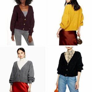 Topshop Size 8 Womens Horn Button Soft Crop Balloon Sleeve Cardigan Sweater Gray